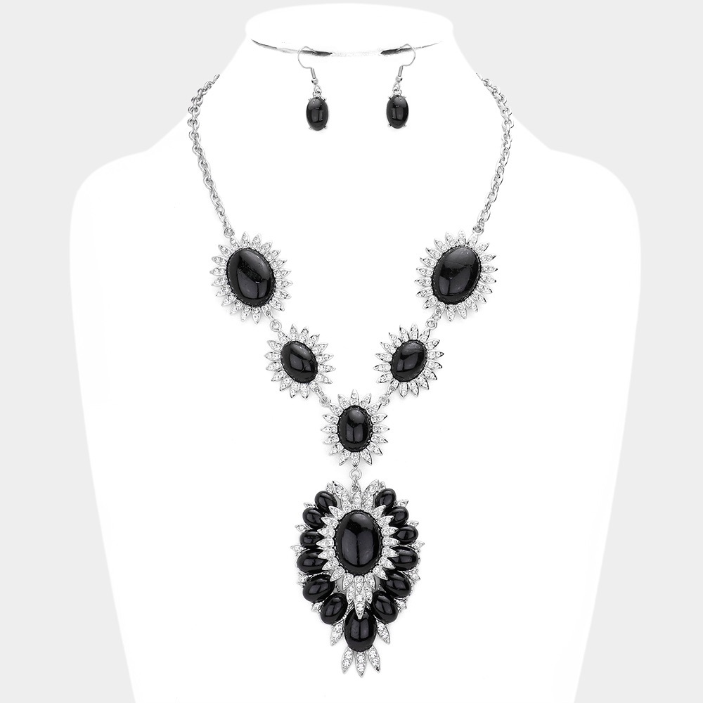 Natural Oval Stone Accented Link Necklace Earring Set